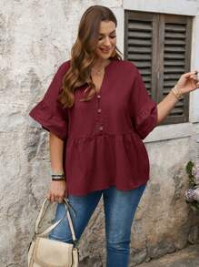 SHEIN LUNE Plus-size effen V-hals korte mouwen geplooide enkelrijs casual overhemd