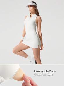 GLOWMODE Quick-Dry Hot Shot High Neck StandUp Collar Zipper Front Built-In Shorts Side Slits Removable Cups Tennis Dress Low Impact Golf Pickleball Daily Casual Wear