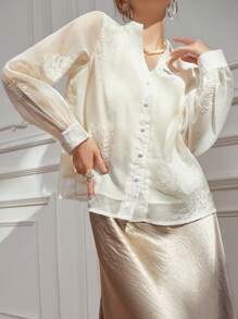 DAZY Elegant Lace V-Neck Women's Blouse, Spring/Summer,Fall Women Clothes Long Sleeve Top - Apricot - View 6