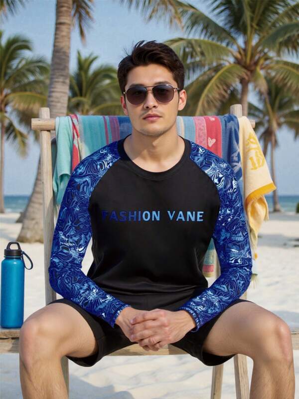 Manfinity Swimmode Men's Letter Print Raglan Long Sleeve Rash Guard BeachModeOn