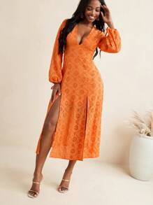 Israel Jasso Orange Solid V-Neckline Balloon Long Sleeve Bohemian Dress Casual Beach Outfit Vacation - Orange - View 3
