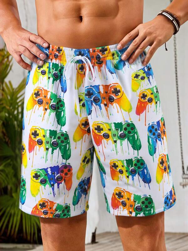 Men's Video Game Print Woven Fabric Beach Shorts, Family Matching Mommy And Me (4 Pieces Are Sold Separately), Hawaiian