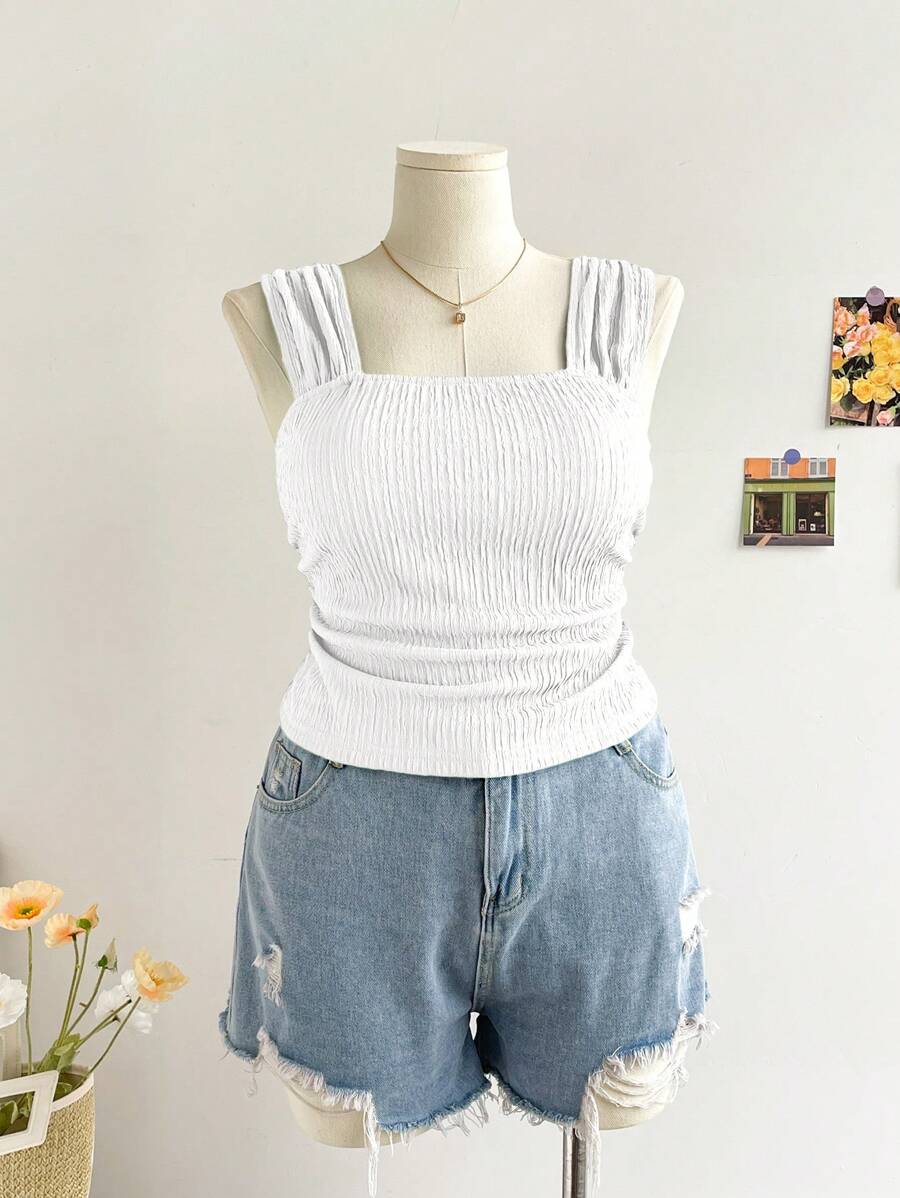 SHEIN Privé Women Plus Size Solid Color Minimalist Versatile Tank Top, Elegant For Spring/Summer Outings And Dates, Textured Camisole,Business Casual Woman