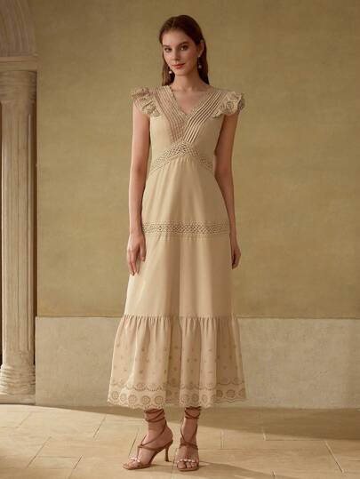 STRIPED LACE TRIM V-NECK MAXI DRESS, KHAKI COLOR