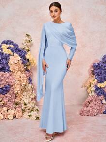 SHEIN Belle Váy phù dâu dệt kim cổ tròn tay dài trang trí xếp nếp bất đối xứng viền đuôi cá thanh lịch và lãng mạn - Màu xanh lam - Xem 5