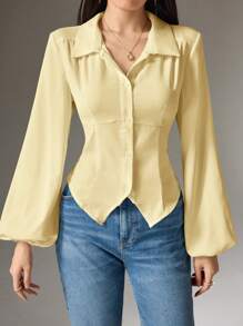 Heiryn 女士纯色系带优雅休闲长袖衬衫 - 黃色 - 查看 4