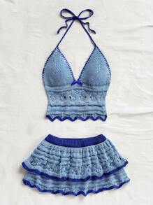 Soleia Women's Holiday Casual Contrast Trim Backless Halter Top And Mini Skirt 2 Pieces Set Beach Vacation Outfits Spring Summer Outfits For Women West Music Festival Bohemia Boho Beach Outfits For Woman Set Summer Two Pieces Set Vacation