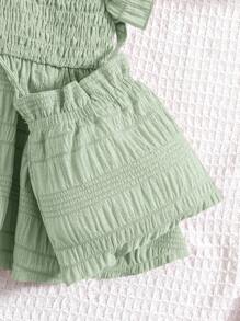 SHEIN 2pcs Set: Young Girl V-Neck Pleated Pullover Sweater & Loose Shorts, Plus Diagonal Crossbody Bag