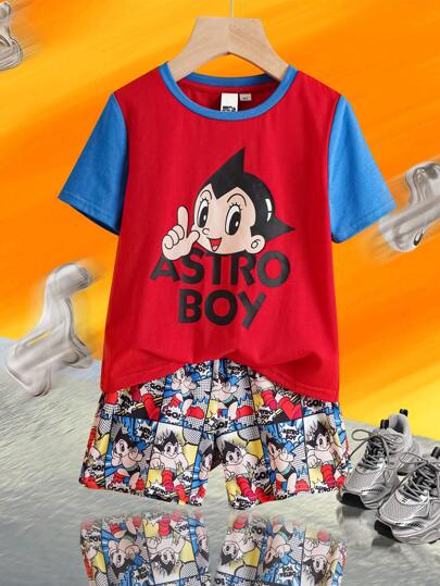 Astro Boy X SHEIN 男童两件套卡通图案红蓝休闲百搭短袖T恤和宽松短裤套装