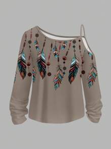 SHEIN LUNE Plus Size Women Casual Minimalist Full-Width Feather Print Asymmetrical T-Shirt, Spring Autumn Fall Top - Multicolor - View 1