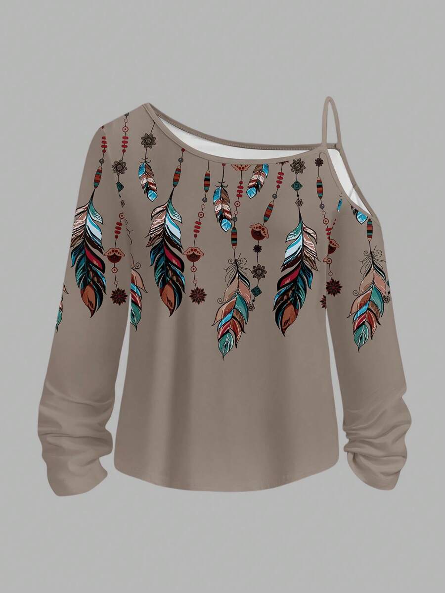 SHEIN LUNE Plus Size Women Casual Minimalist Full-Width Feather Print Asymmetrical T-Shirt, Spring Autumn Fall Top - Multicolor - View 1
