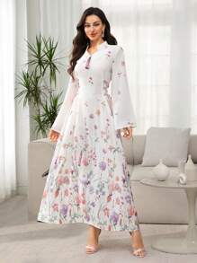 SHEIN Najma 长立领花卉侧开衩抽绳连衣裙，春夏 - 彩色 - 查看 4