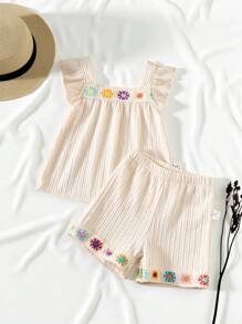 SHEIN Baby Girl Country Style Embroidered Square Collar Ruffle Trim Cap Sleeve Top And Shorts Set - Apricot - View 1