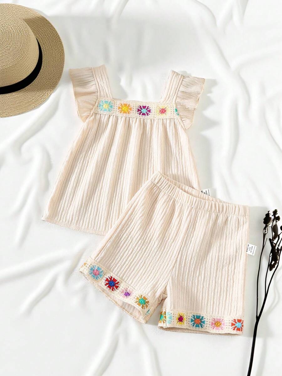 SHEIN Baby Girl Country Style Embroidered Square Collar Ruffle Trim Cap Sleeve Top And Shorts Set - Apricot - View 1