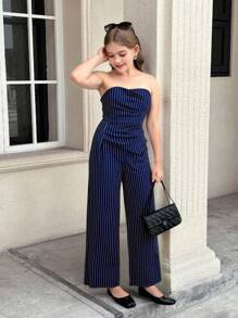 Tween 女童休闲优雅简约宽松连体裤，配有可调节隐形肩带，适合通勤、外出、街头风格 - 藏蓝色 - 查看 1