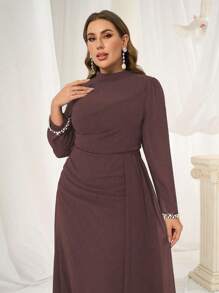 Coutiva Vestido de noche de lujo para tallas grandes, elegante vestido de bola ceñido de alta gama con mangas de lentejuelas y perlas