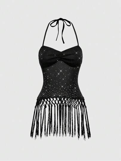 Goth Camiseta de tirantes finos con espalda descubierta, de malla y con aplicaciones de strass, de estilo vintage y sexy, ideal para vacaciones