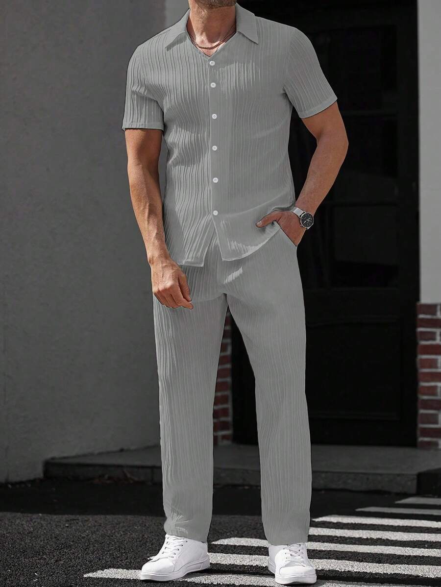Manfinity Homme 男士纯色短袖衬衫套装，夏季时尚 - 灰色 - 查看 1