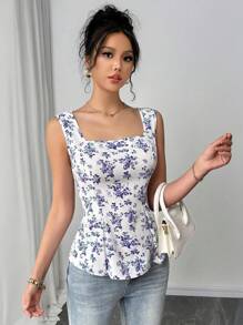 Rafferiza Fabric Print Stand Collar Foldable Tie Sleeveless Women Shirt - Purple - View 3