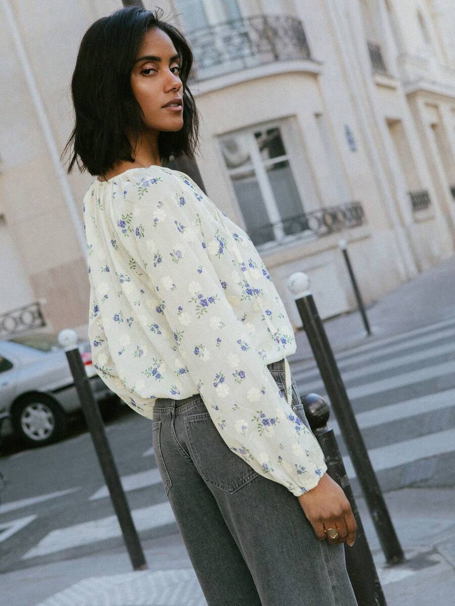 lacRébo Long Sleeve Vintage Floral Embroidered Vacation Blouse With Tie Neck Detail Teacher Top Chic Top Going Out Top Spring Summer - Multicolor - View 1