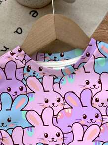 SHEIN Baby Mädchen süßes Cartoon Kaninchen Muster Lässige einfache eng anliegende Rundhals Kurzarm Hose Loungewear, passend für den Sommer