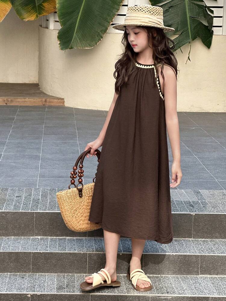 Tween Girl's Pleated Crew Neck Contrast Color Casual Vacation Sleeveless Dress