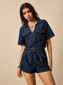 SHEIN EZwear Damen Große Größen Set aus Kurzarm Jeanshemd mit Knopfleiste und Cargo-Tasche und Denim Shorts, Lässig 2-Teiliges Set - Blau - Übersicht 3