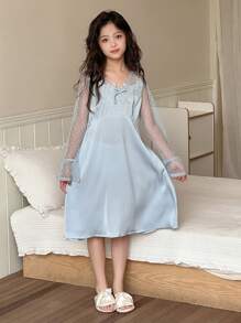 DAZY Tween Girl Patchwork Dot Mesh Flared Sleeve Dress Loungewear - Blue - View 3