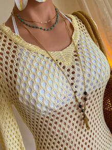 SHEIN MOD V领喇叭袖蕾丝花边露背钩针沙滩装罩衫 - 杏色 - 查看 4