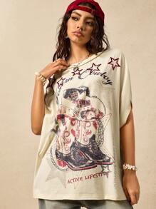 Easelle Women's Retro Printed Loose Batwing Sleeve Apricot Tee, Spring/Summer - Apricot - View 6