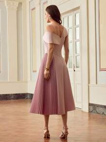 ZEYLAH Đầm dài thanh lịch xếp ly vai bất đối xứng - Hồng - Xem 4