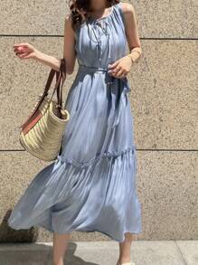 FRIFUL 女士缎面无袖抽绳蝴蝶结A字荷叶边宽松中长连衣裙 女士休闲连衣裙 女士生日连衣裙 女士夏季服装 女士夏季工作装 夏季连衣裙 吊带裙 - 藍色 - 查看 1