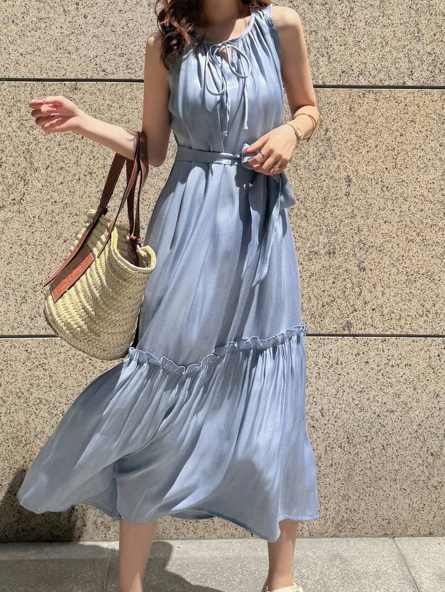 FRIFUL 女士缎面无袖抽绳蝴蝶结A字荷叶边宽松中长连衣裙 女士休闲连衣裙 女士生日连衣裙 女士夏季服装 女士夏季工作装 夏季连衣裙 吊带裙 - 藍色 - 查看 1