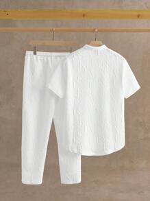 HIMLAND Loose Men's Notched Neck Top & Drawstring Waist Pants Set, Old Money, Cozy Outfits