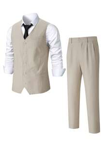 Manfinity Homme Conjunto de traje casual de un solo botón de color liso para hombre (chaleco y pantalones)