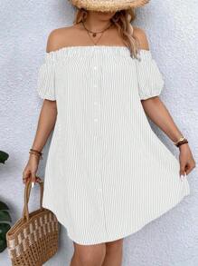 SHEIN LUNE Plus Size Off Shoulder Striped Dress, Fashionable For Summer - White - View 6