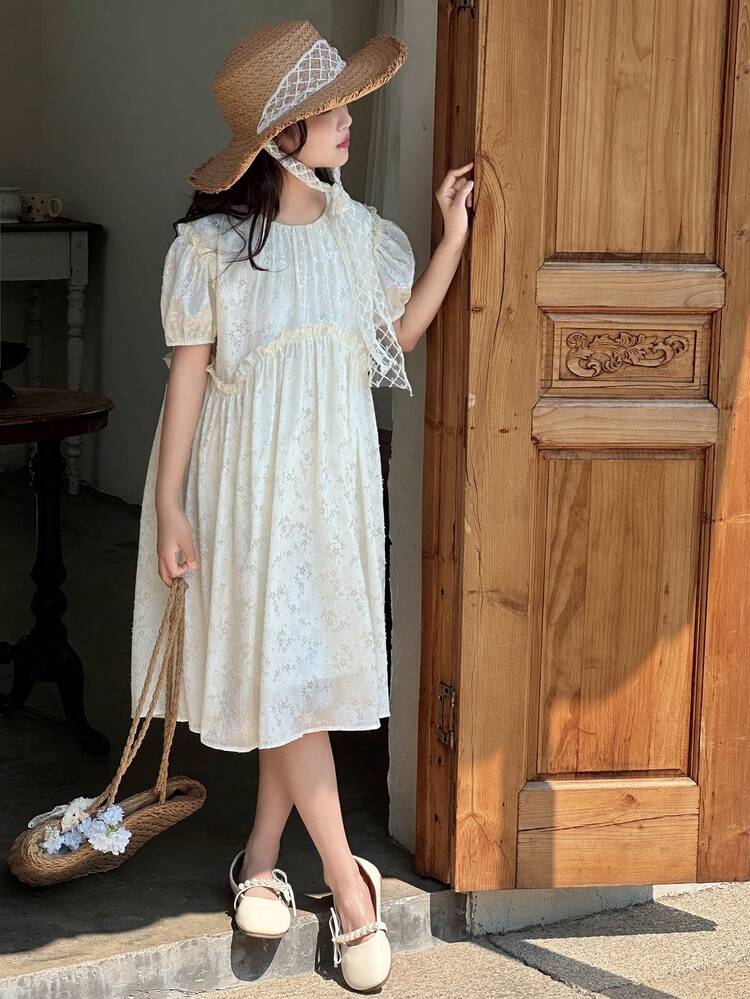 Tween Girl Bubble Short Sleeve Crew Neck Dress, For Summer, Back To School Clothes