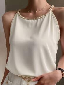 DAZY Nowy Letni Damski Elegancki Satynowy Halter Neck Tank Top - Biały - Zobacz 2