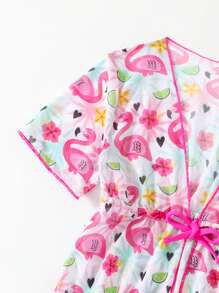 Set di 3 pezzi di bikini con stampa fenicottero e coprispalle a maniche corte per giovani ragazze