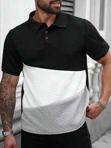 Manfinity Homme 夏季大码男式双色压花半襟短袖 Polo 衫 - 彩色 - 查看 1