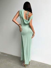 Aloruh Elegant Green Asymmetrical Neck Summer Fashion Vacation Dress - Green - View 2