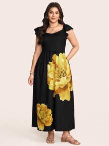 SHEIN LUNE Plus Size Women Vibrant Floral Print Full Swing Dress Country Concert Outfit Graduation Outfit Summer Outfits For Women Brunch Outfits For Women Mother's Day Church Outfits Women