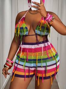 Slaydiva 2025 New Beach Rainbow Party Multicolor Stripe Halter Crop Top & Mini Shorts 2 Pieces Set, Plus Size - Multicolor - View 9