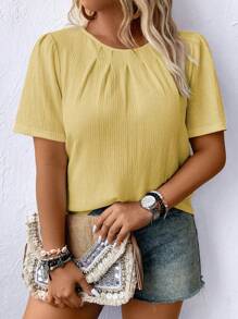 SHEIN LUNE Plus Size Women Casual Solid Color Round Neck Short Sleeve Blouse For Summer