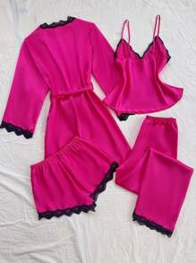 SilkySpell 4 piezas/set de ropa de dormir con top, pantalones cortos y bata con patchwork de encaje y satén sintético