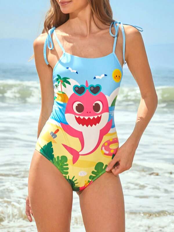 BABY SHARK X SHEIN 1pc Women's Cartoon Shark Pattern Knot Spaghetti Strap One-Piece Swimsuit