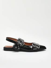 Solezae Women's Oversized Buckle Chunky Grommet Snip Toe Slingback Pat Black Flats–Sophisticated Punk Style, Angular Silhouette, Affordable Luxury, And Versatile Summer Shoes Spring Shoes Spring Break Easter Mother's Day Present For Christmas - Black - View 3