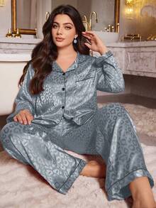 MuseNap CURVE Bộ đồ ngủ áo và quần giả lụa jacquard họa tiết da báo cỡ lớn, quần áo thu đông - Màu xanh lam - Xem 3