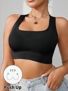 Women Casual Comfy Black Plain Sports Bra With Slight Stretch Fabric And Backless Design For Everyday Wear - Black - View 6