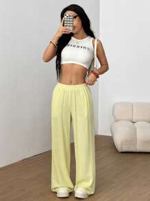 SHEIN EZwear Solid Slant Pocket Linen Wide Leg Pants,Cargo Pants - Lime Green - View 4
